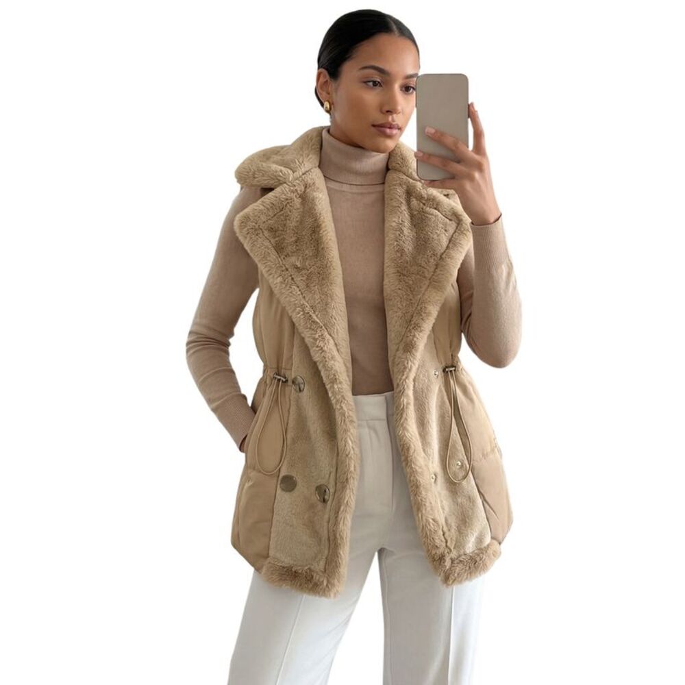 Women Quilted Puffer Plush Splicing Lapel Collar Drawstring Vest Khaki